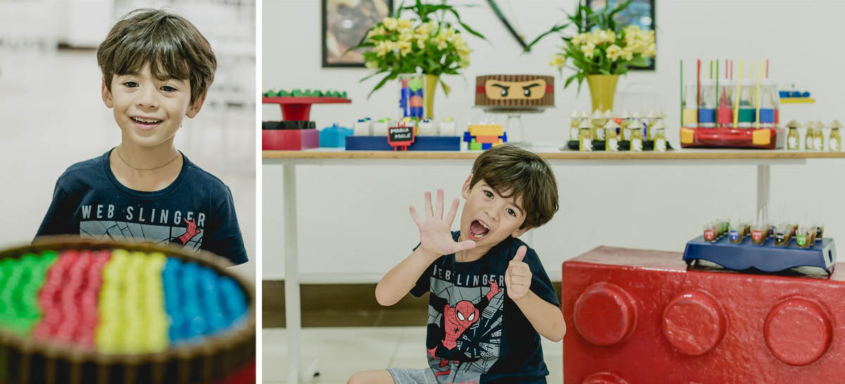 Theo chegando para a festa e fazendo algumas fotos na mesa do bolo