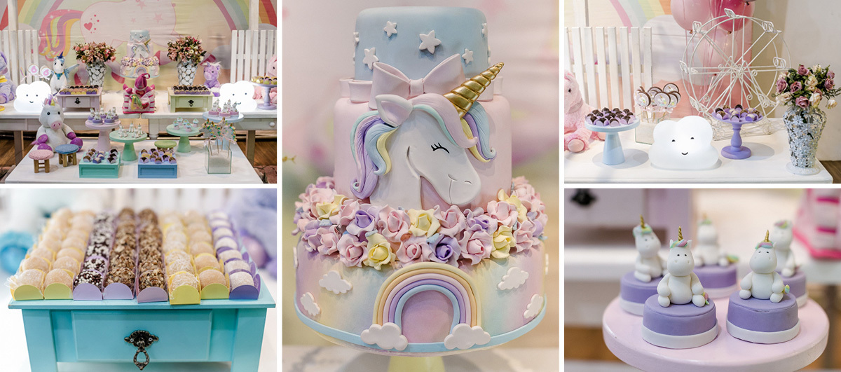 mesa de aniversário da Laura com o tema unicornios