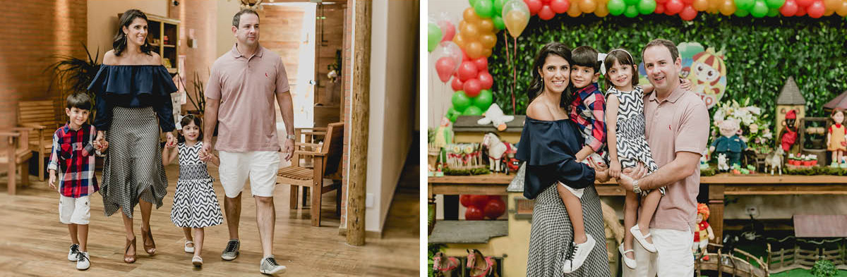 familia chegando para a festa e retrato na frente da mesa do bolo