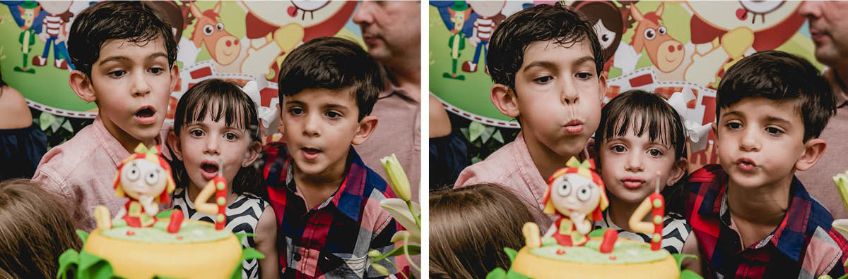 Bia, irmão e primo apagando a vela do bolo juntos