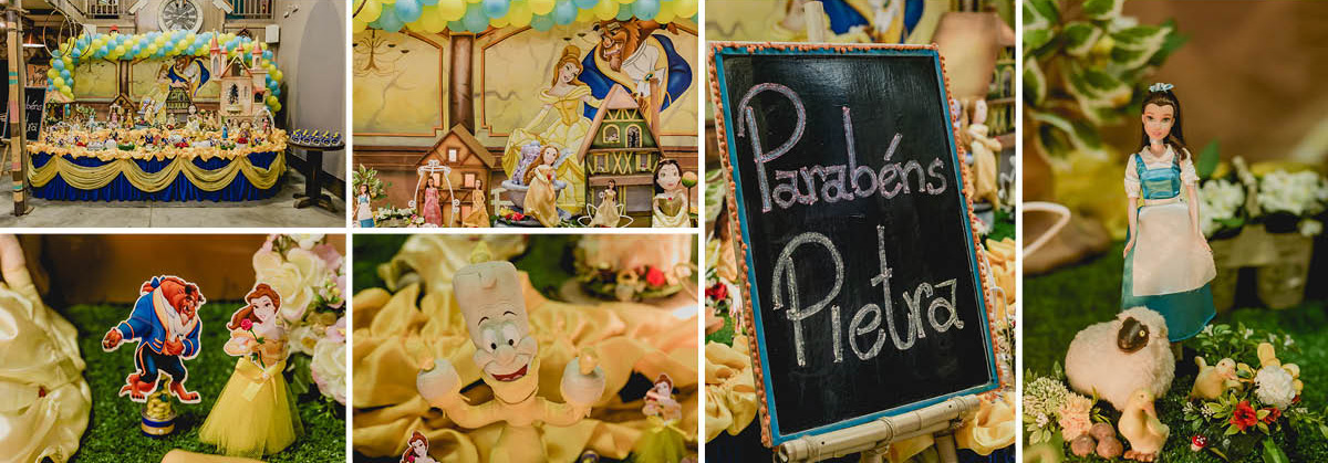 detalhes da mesa do bolo da bela e a fera