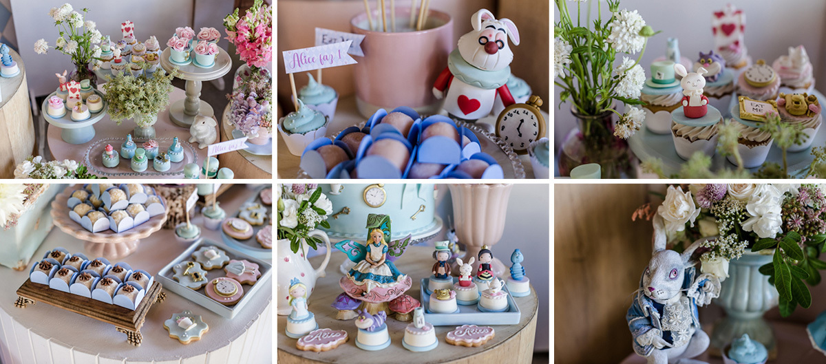 detalhes da mesa de aniversario de menina com o tema alice no pais das maravilhas