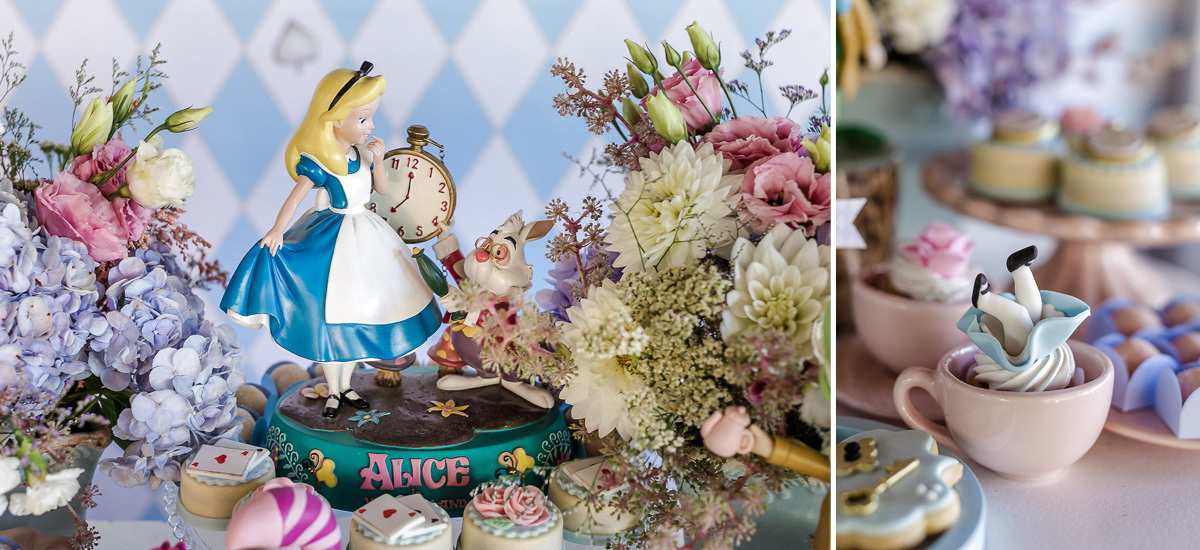 detalhes da mesa de aniversario de menina com o tema alice no pais das maravilhas