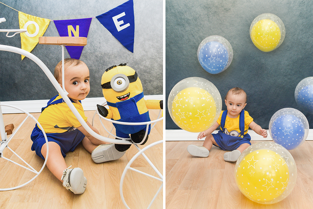ensaio fotográfico pre aniversario temático minions bebe menino book fotografia fantasia estúdio azul amarelo bandeirinhas rio de janeiro niteroi são Gonçalo