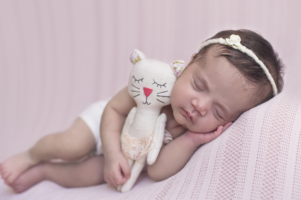 sessão fotográfica ensaio newborn menina recém nascido book fotográfico fotografia niteroi fotografo rio de janeiro rosa com branco são Gonçalo pose sonequinha com o gatinho