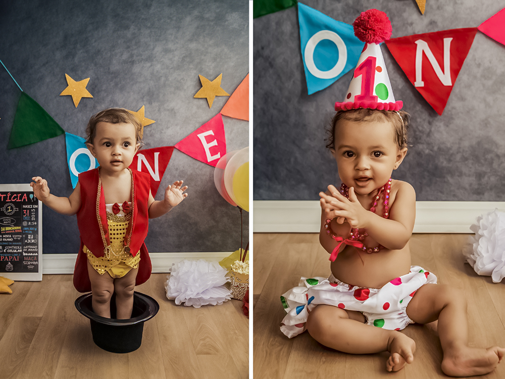 ensaio fotográfico pre aniversario temático circo bebe menina book fotografia palhaço fantasia colorido estúdio rio de janeiro niteroi são Gonçalo