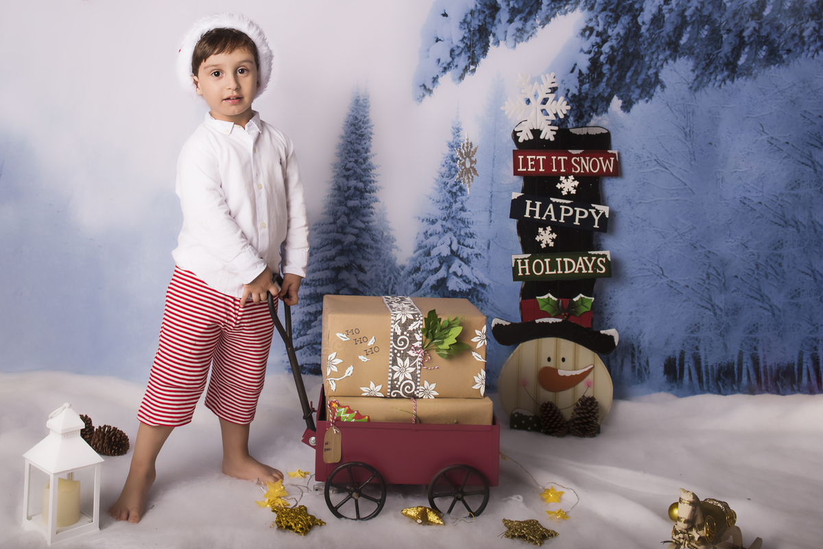 Ensaio fotográfico de Natal com roupas temáticas com crianças brincando na neve com trenó, rena e brinquedos polo norte