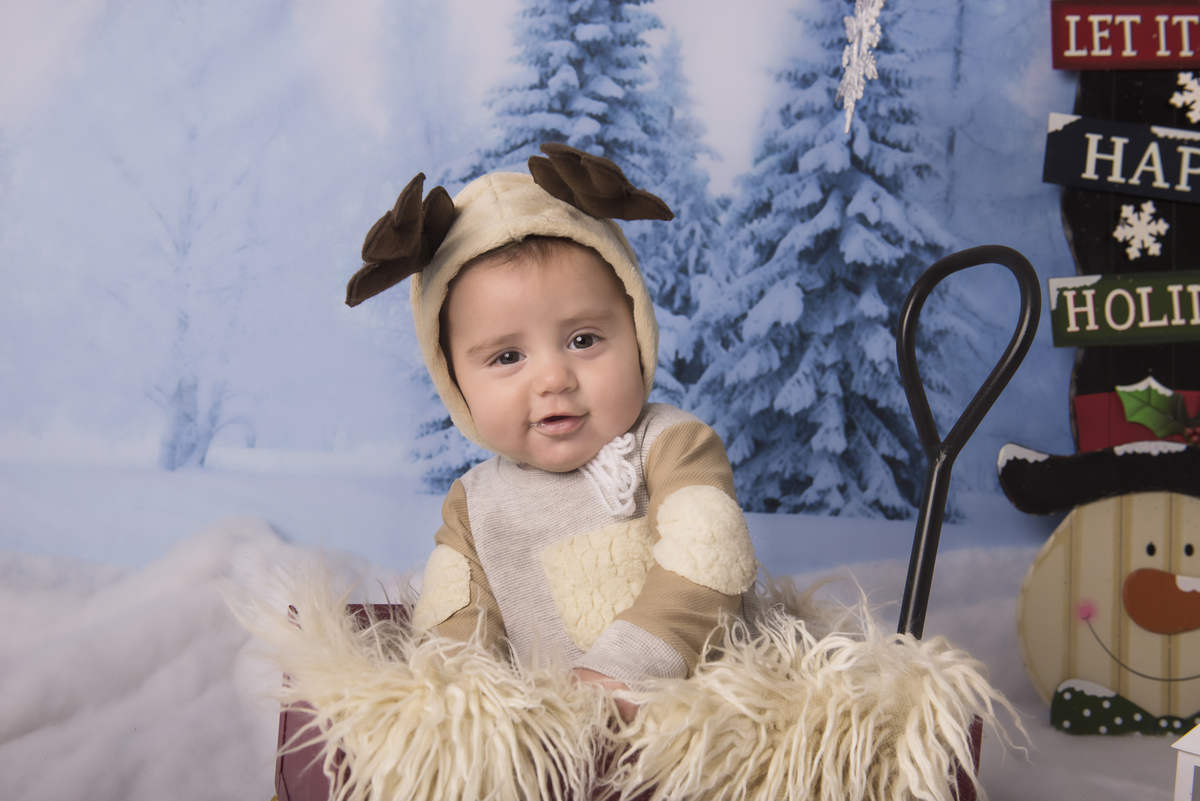 Ensaio fotográfico de Natal com roupas temáticas com crianças brincando na neve com trenó, rena e brinquedos polo norte