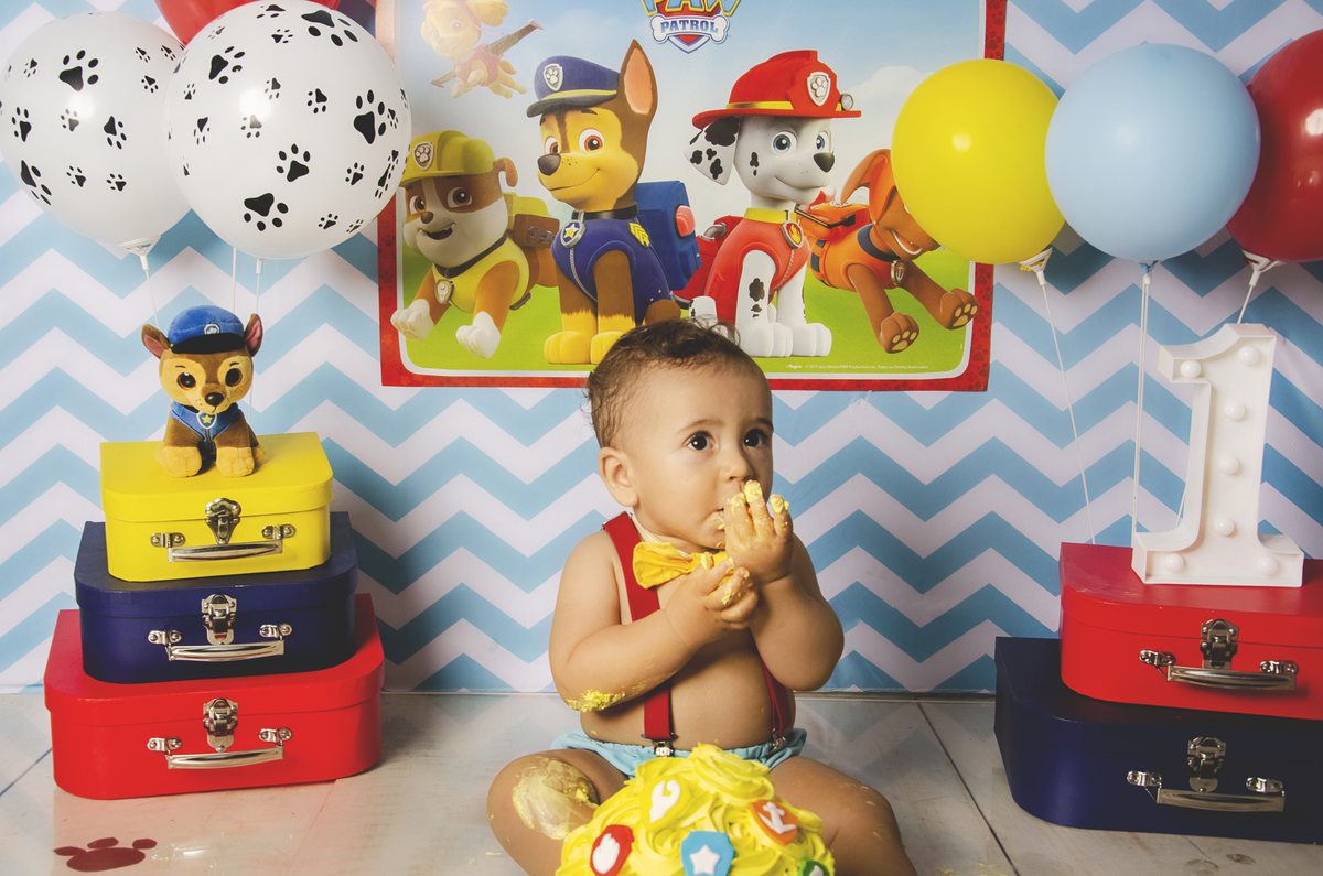 Ensaio smash the cake, ensaio bebê, fotógrafa em Niterói, smash the cake Niterói, smash the cake Rio de Janeiro, smash the cake São Goncalo, smash the cake temático, nossa casa petit, ensaio fotográfico, sessão fotográfica, patrulha canina, splash