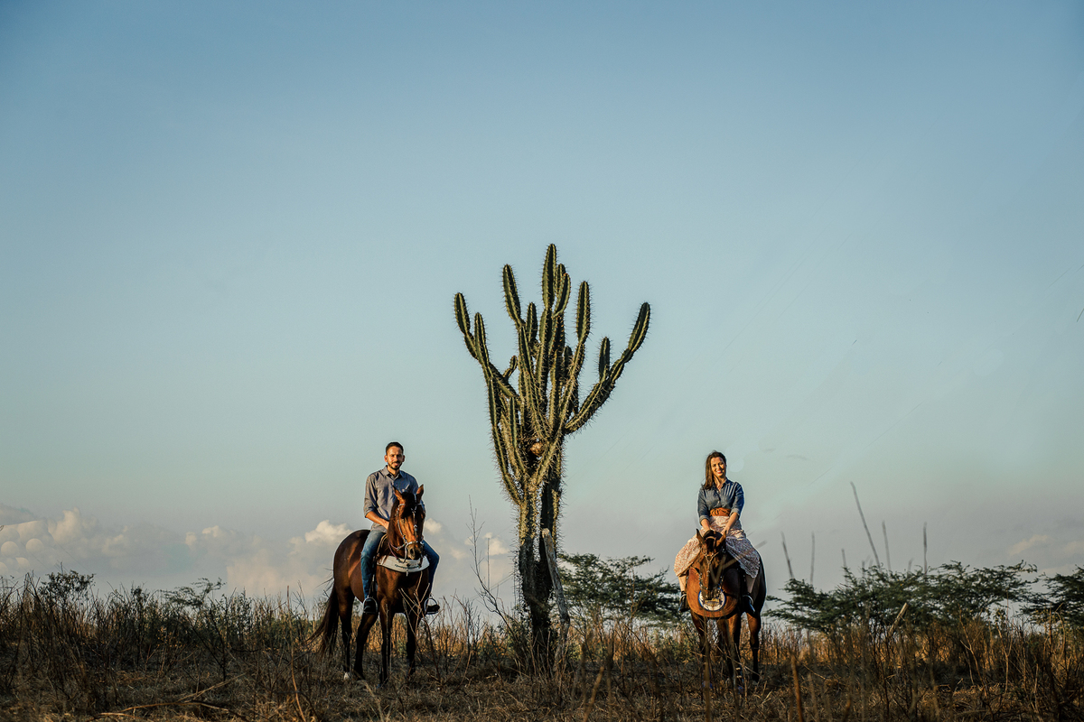 fotos de casal na fazenda. Simetria fotográfica criada pelo cacto/mandacaru e um cavalo de cada lado. Jessica Mendes fotografia.
