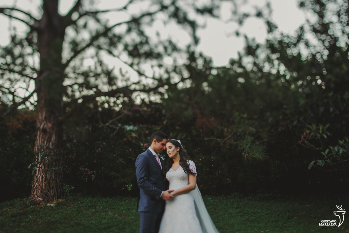 noivos abraçados com árvores ao fundo posam para retrato de casamento