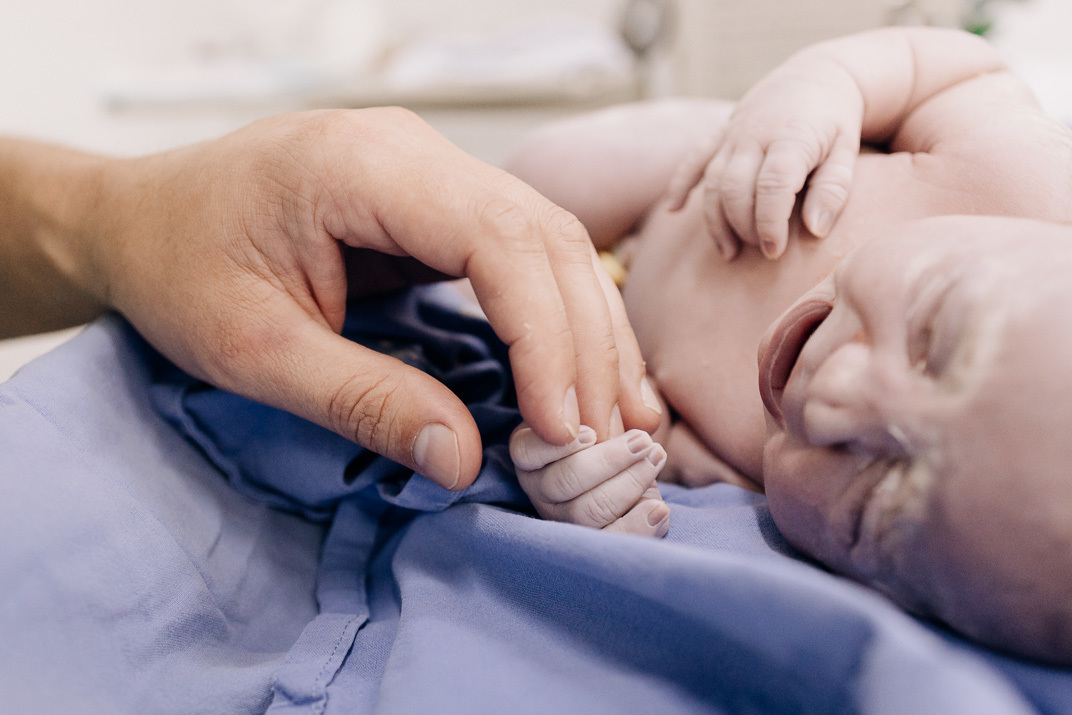 Detalhe do toque entre pai e bebê logo após o nascimento no Hospital Bruno Born, em Lajeado – fotografia por Alba Estúdio.