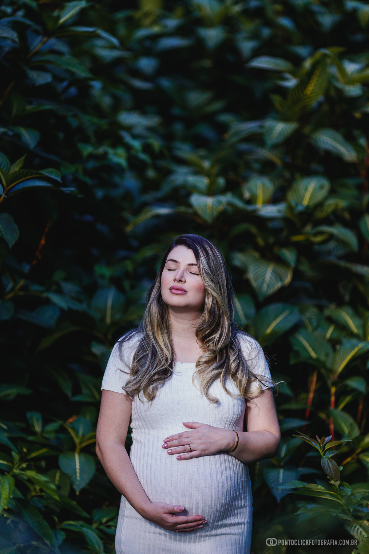 ensaio gestante lifestyle com luz suave e composição artística destacando a serenidade e emoção da gestante em meio à natureza