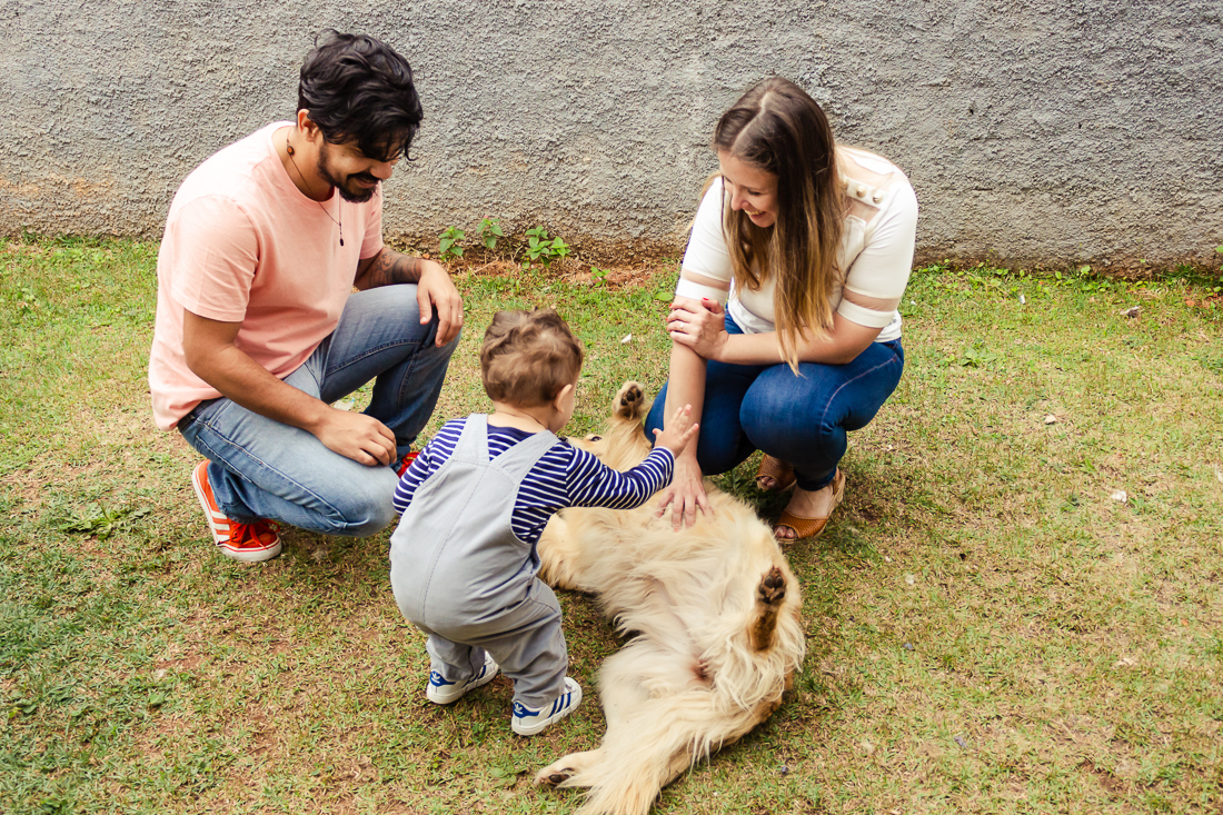 Foto de pais brincando com filho e com cachorro no quintal de casa no ensaio de família na cidade de São Paulo