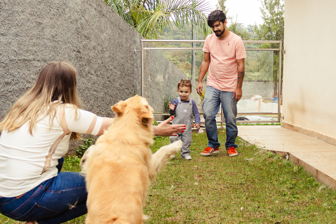 Foto de pais brincando com filho e com cachorro no quintal de casa no ensaio de família na cidade de São Paulo