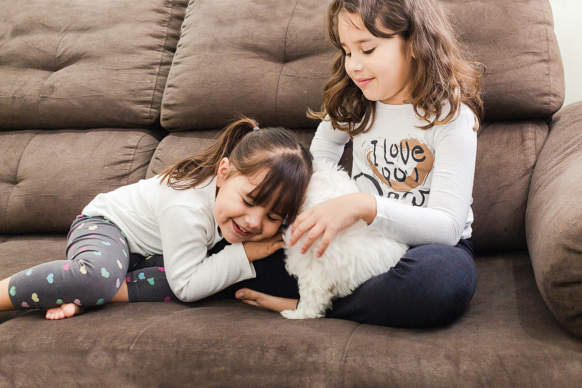 Foto de irmãs sentadas no sofá de casa segurando e abraçando a cachorrinha no ensaio lifestyle infantil na cidade de Franco da Rocha em São Paulo