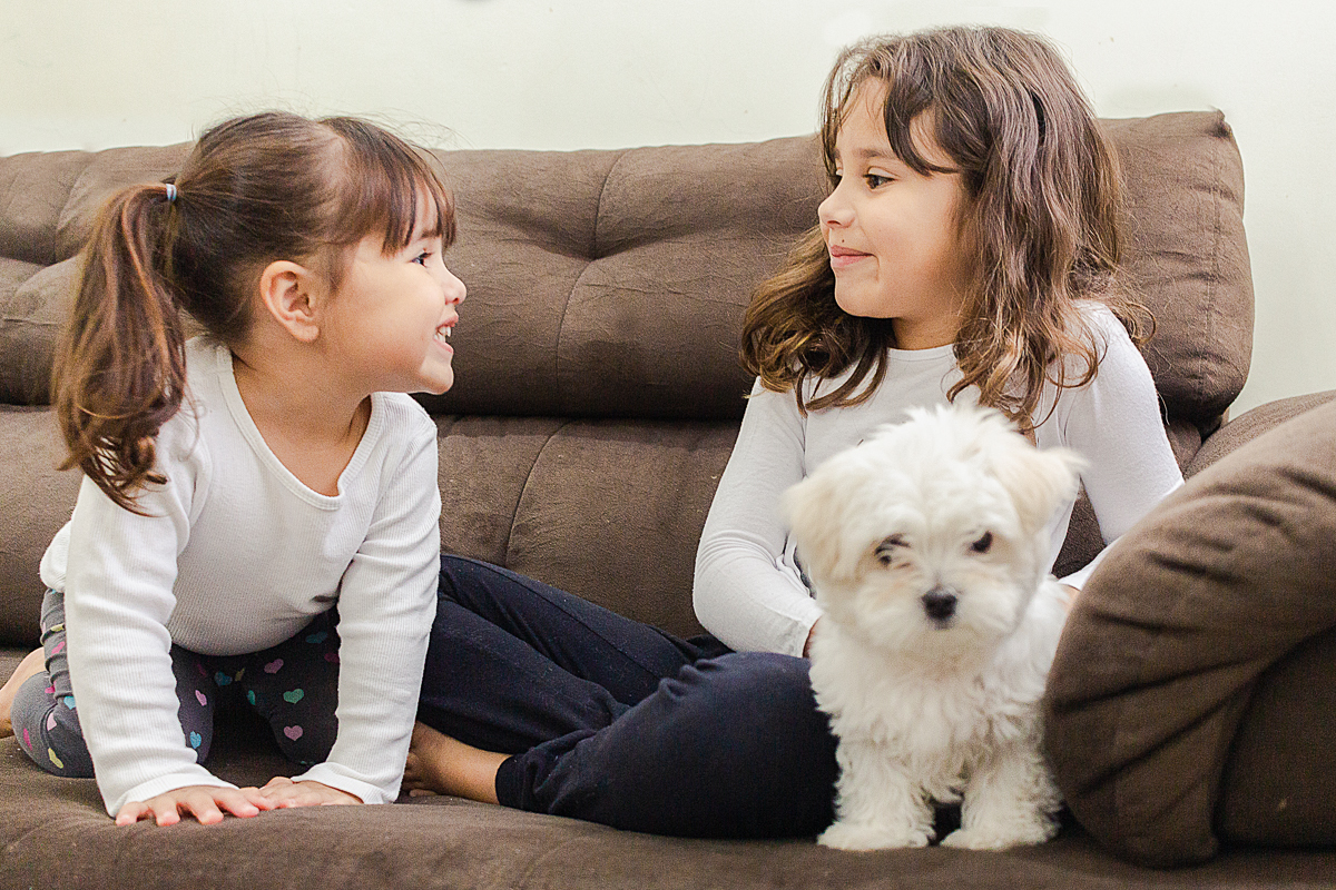 Foto de irmãs se olhando e sorrindo sentadas no sofá de casa no ensaio lifestyle infantil na cidade de Franco da Rocha em São Paulo