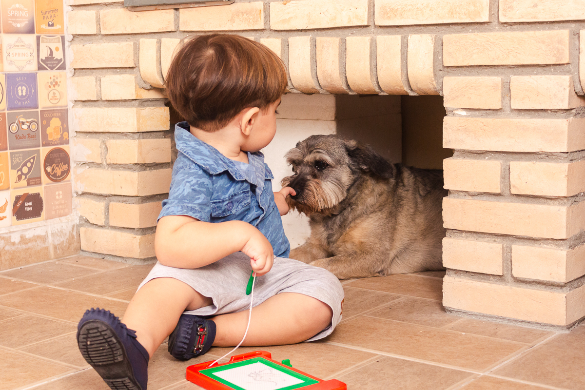 foto de criança brincando cachorro no quintal de casa no ensaio infantil lifestyle em Franco da Rocha na cidade de São Paulo