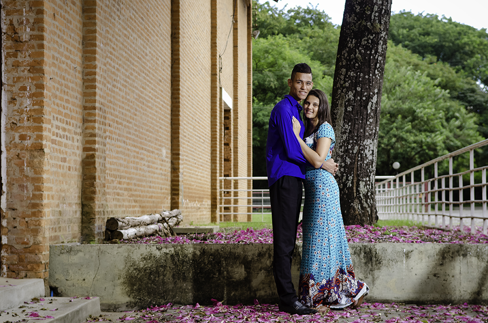 Ensaio Pré-Wedding flores rosas e casal apaixonado vestido azul
