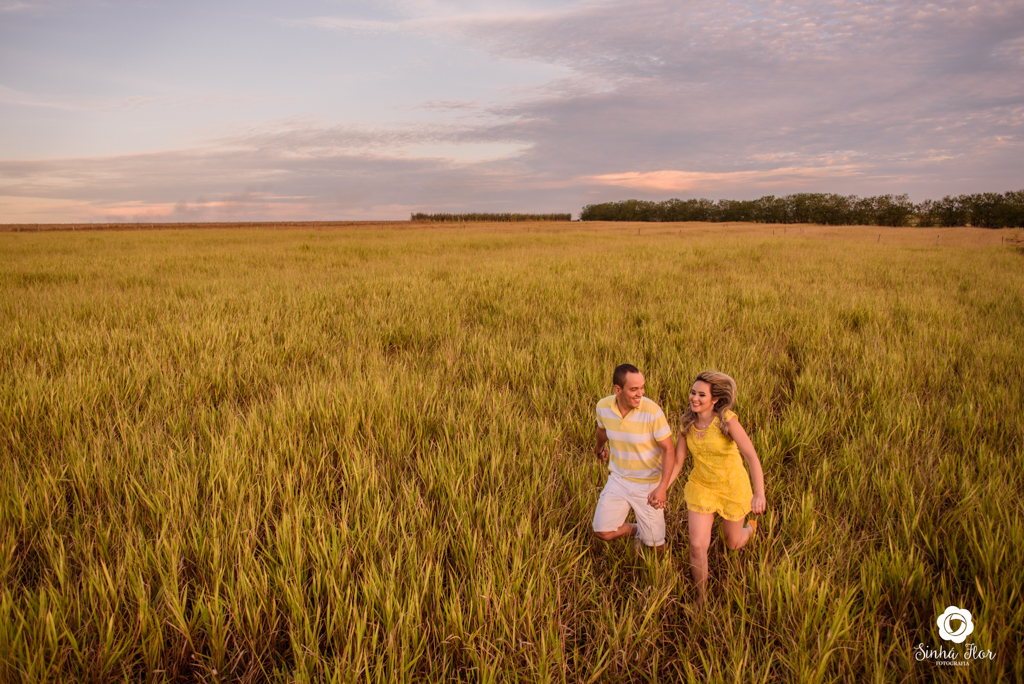 Casal de noivos, Dayene e Júnior, correndo no pasto dourado em Dourados - MS, Sinhá Flor Fotografia