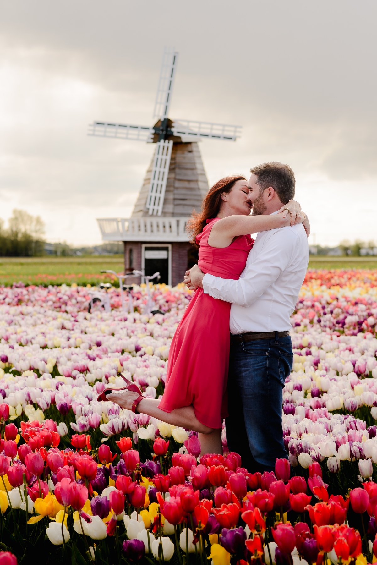 A loving embrace between a couple in the middle of a tulip field with a windmill in the background, with soft sunlight highlighting their expressions and a windmill in the background.