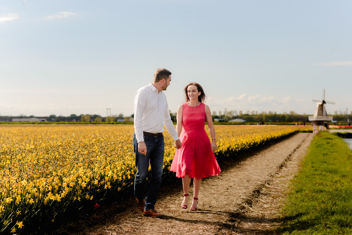 A couple walks hand in hand through a tulip field, with a windmill standing in the distance, capturing a romantic springtime moment.