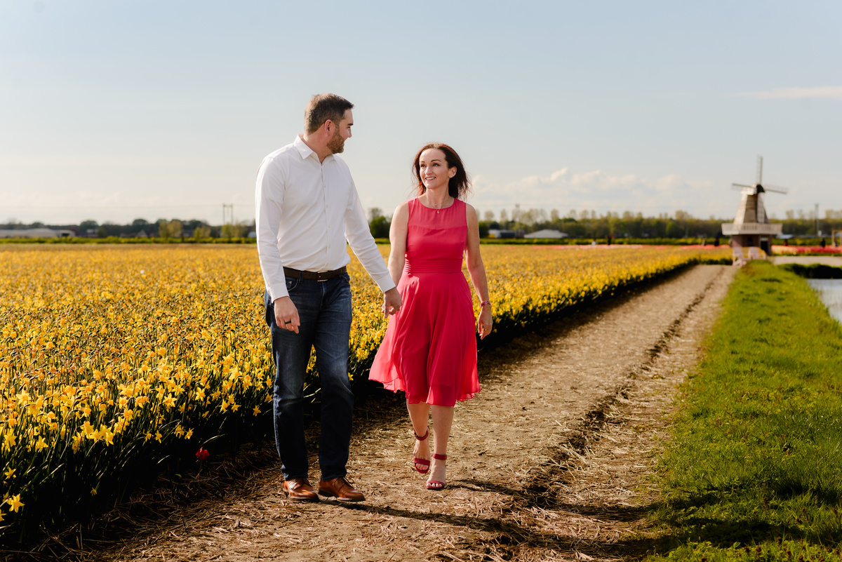 A couple walks along a dirt path between a vibrant yellow daffodil field and a canal, holding hands as the windmill stands in the distance.