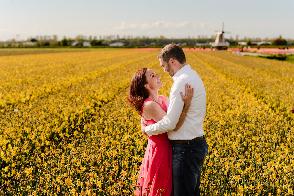 A loving embrace between a couple in the middle of a golden daffodil field, with soft sunlight highlighting their expressions and a windmill in the background.