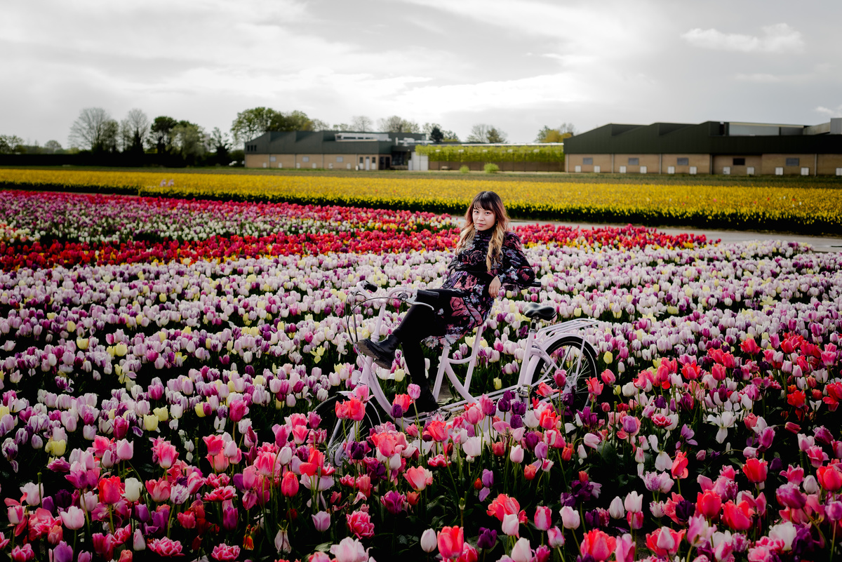 Portrait of a woman on a bicycle in a tulip garden in Hillegom, showing layered rows of pink, yellow, and red tulips.