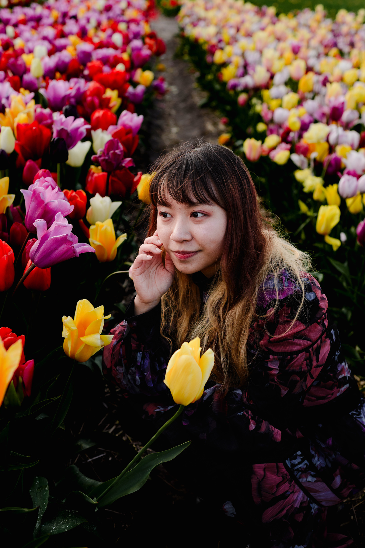 Portrait of a woman in a tulip field looking to the side, with rows of vibrant spring flowers creating depth behind her.