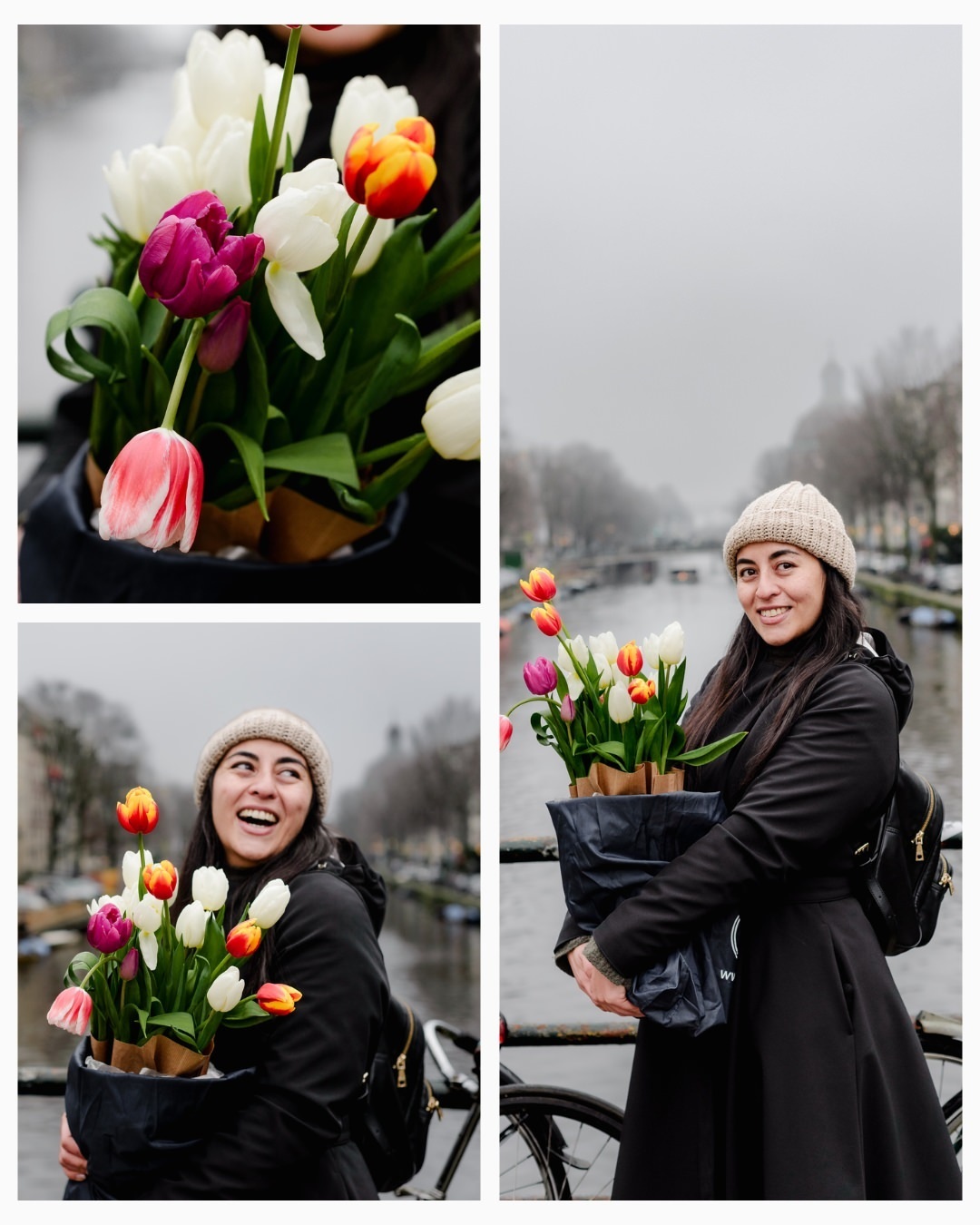 A joyful tulip photo session on a canal bridge in Amsterdam. Holding a fresh bouquet from National Tulip Day, this spontaneous shoot captures the beauty of tulip season with vibrant colors and a classic city backdrop. A perfect way to celebrate Amsterdam’
