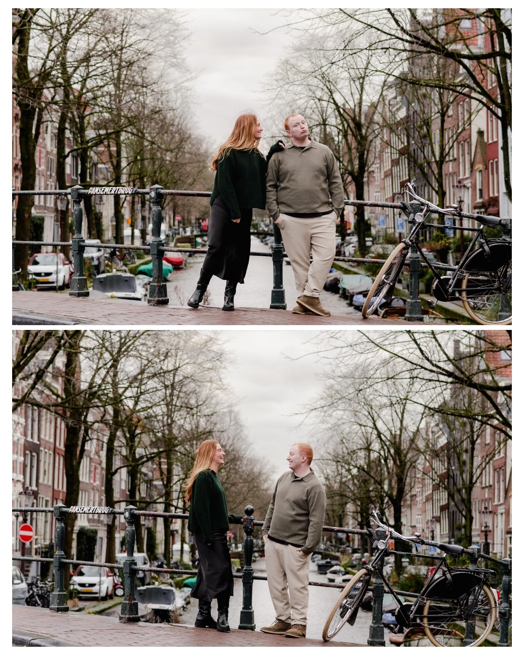 Two siblings share a fun, candid moment on a canal bridge in Jordaan, Amsterdam. With classic Dutch bicycles and picturesque canals in the background, this winter photo session captures the warmth of family in one of the city's most charming neighborhoods