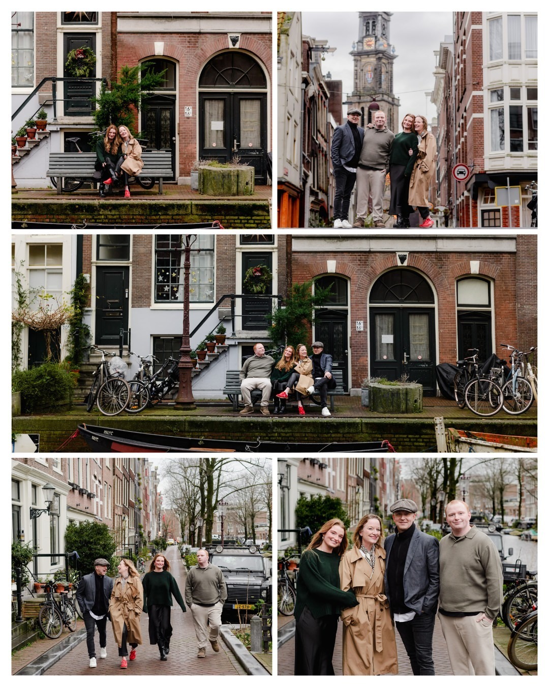 A family enjoys a relaxed photo session in Jordaan, Amsterdam, capturing candid moments along the canals and charming streets. With the iconic Westertoren in the background, this winter shoot highlights the beauty of Amsterdam’s historic neighborhoods.