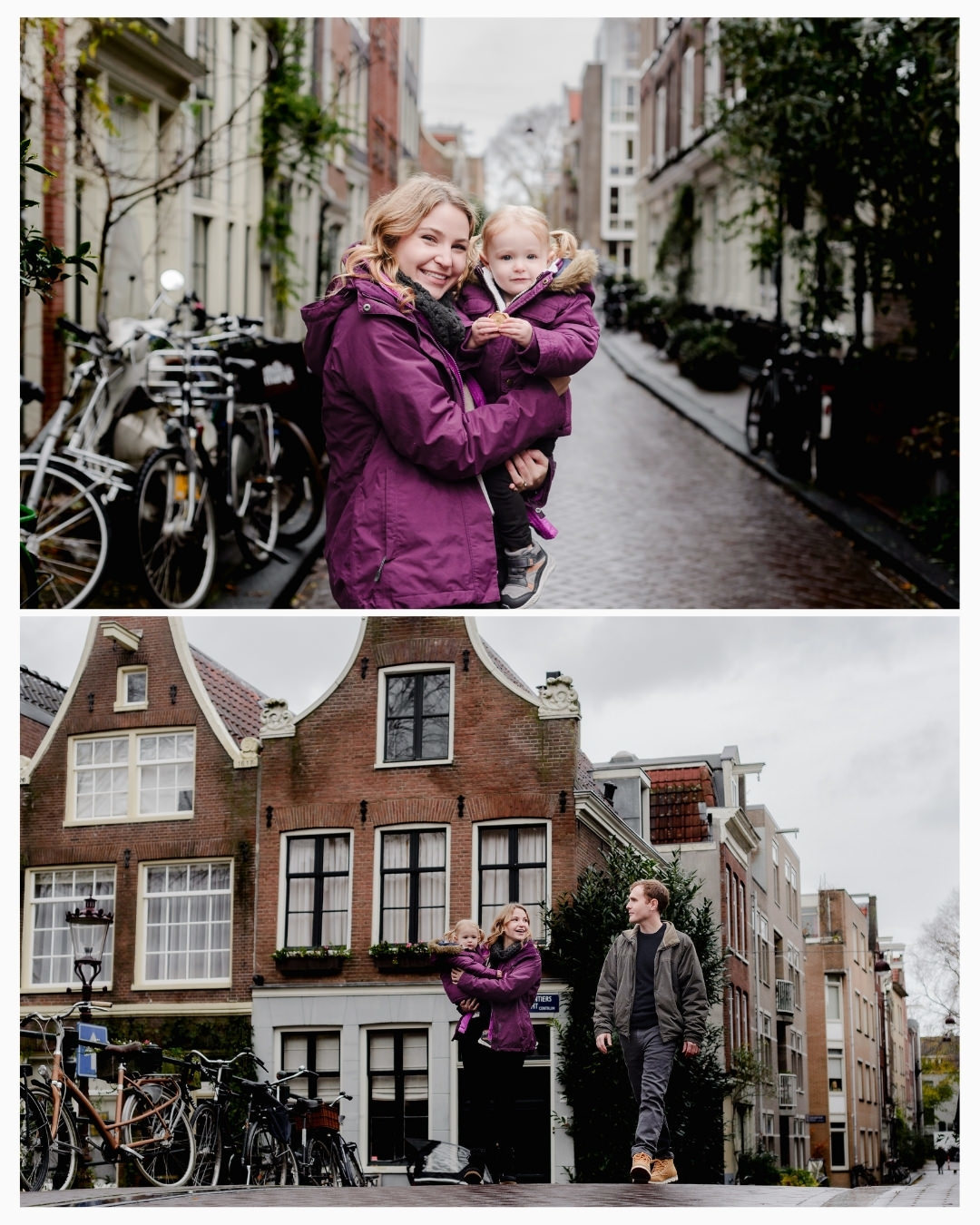 A mother and daughter share a warm embrace during a family photo session in Jordaan, Amsterdam. Capturing moments on charming streets and historic canal bridges, this session highlights the beauty of family memories in the city's picturesque surroundings.