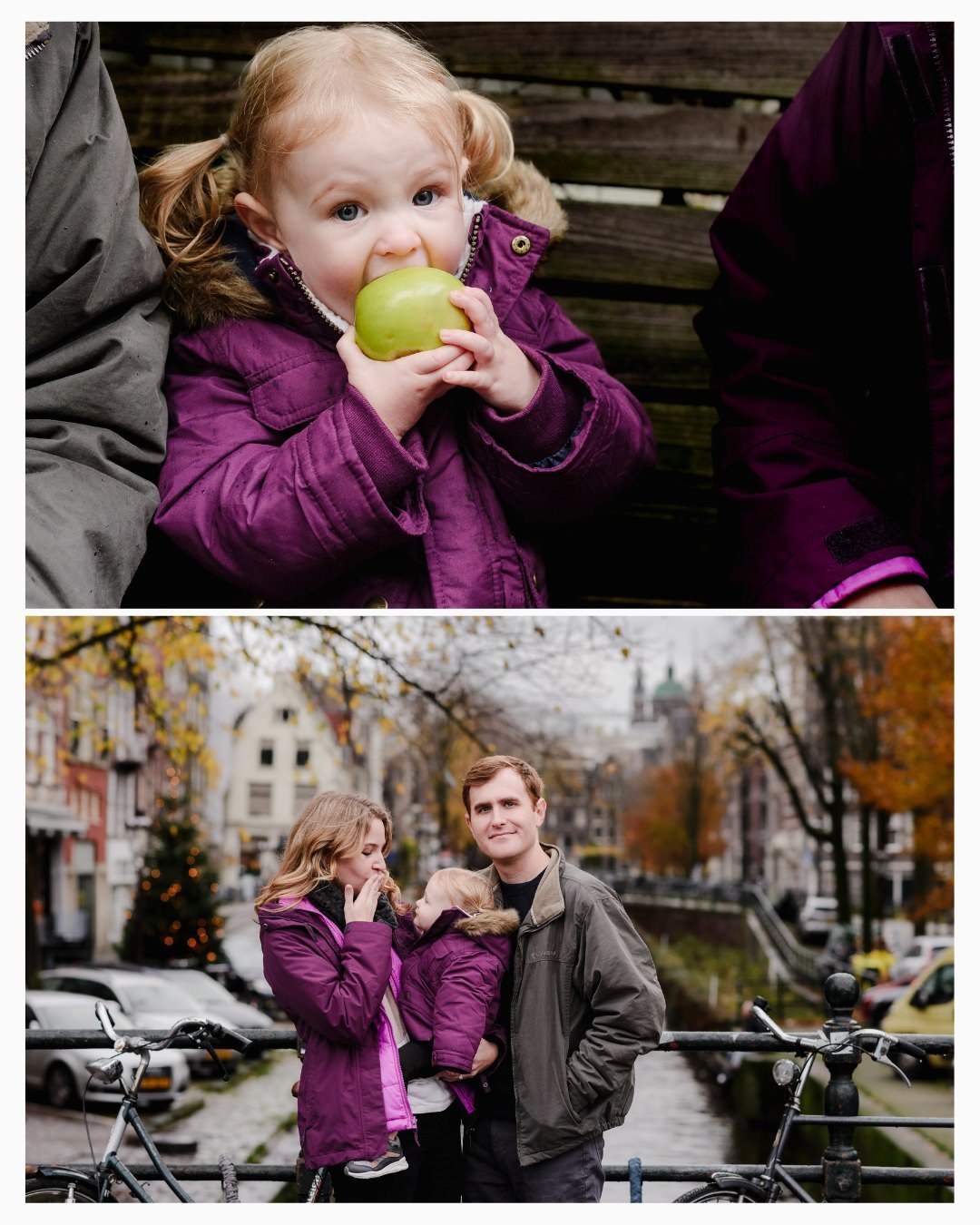 A toddler enjoys a snack during a cozy family photo session in Jordaan, Amsterdam. Capturing natural moments with historic canals and autumn colors in the background, this session highlights the charm of family photography in the city's picturesque street