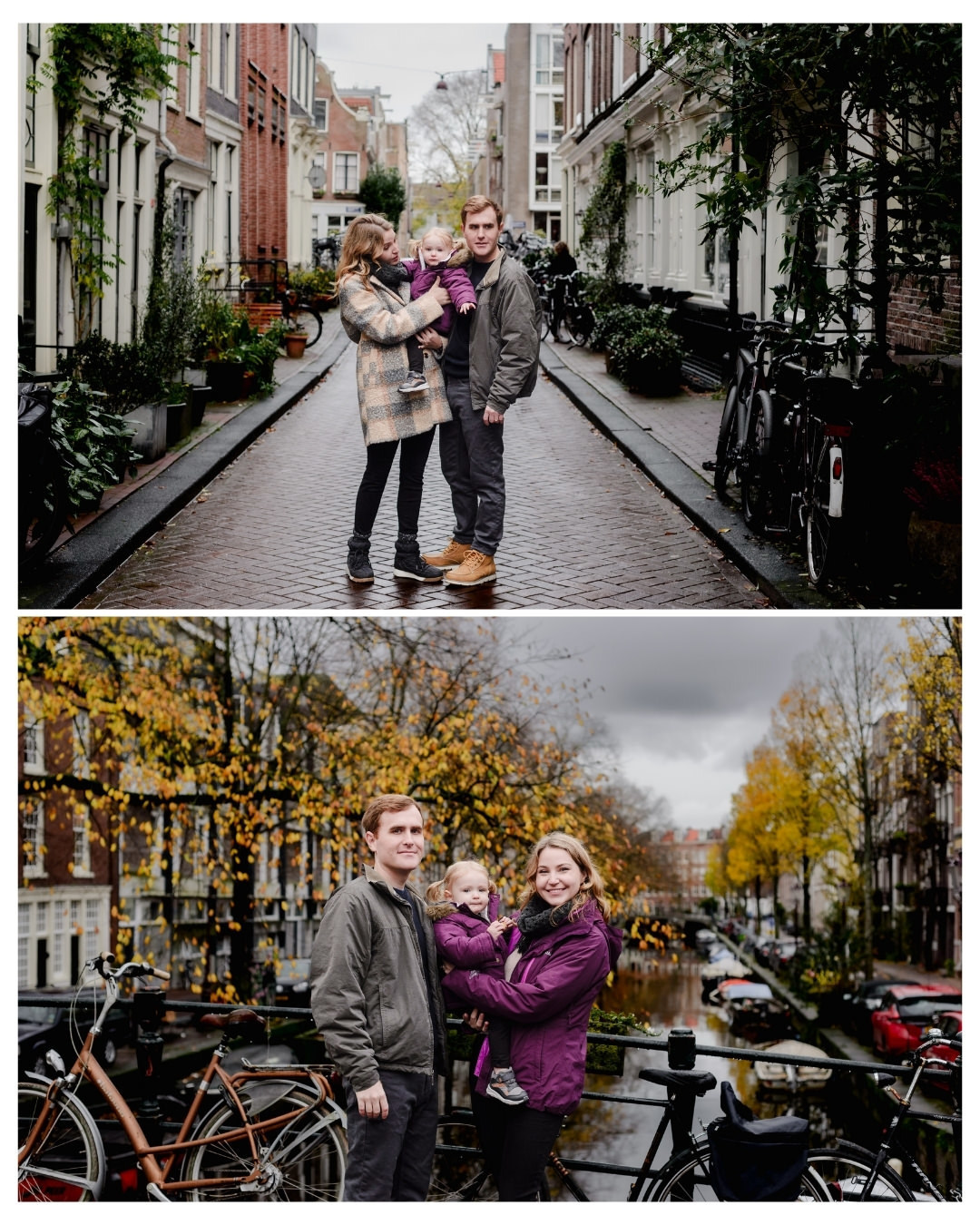 A family enjoys a heartwarming photo session in Jordaan, Amsterdam, capturing moments on charming streets and scenic canal bridges. With historic houses, bicycles, and autumn colors as a backdrop, this session highlights the beauty of family travel photo