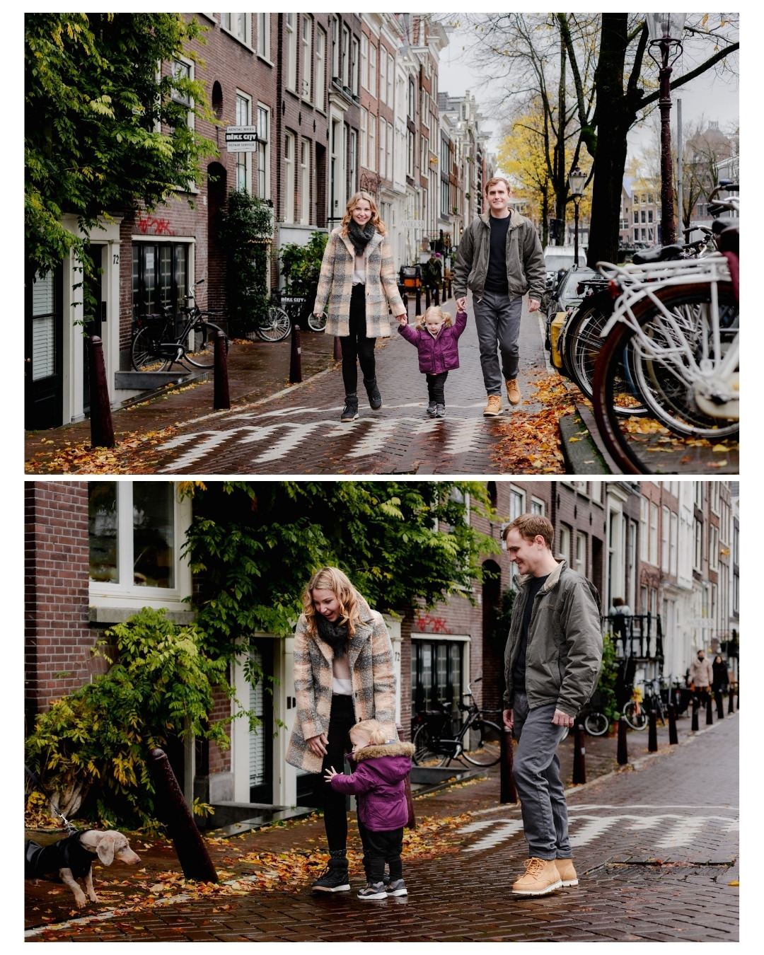 A family enjoys a walk through the picturesque streets of Jordaan, Amsterdam, during an autumn photo session. With fallen leaves, bicycles, and charming canal houses, this shoot captures the beauty of family moments in one of the city's most scenic areas.