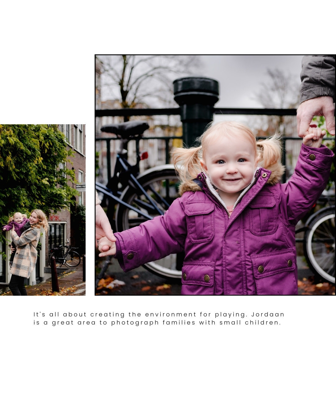 A joyful toddler enjoys a playful moment during a family photo session in Jordaan, Amsterdam. With bicycles and canal bridges in the background, this session highlights the charm of capturing authentic childhood memories in a beautiful city setting.