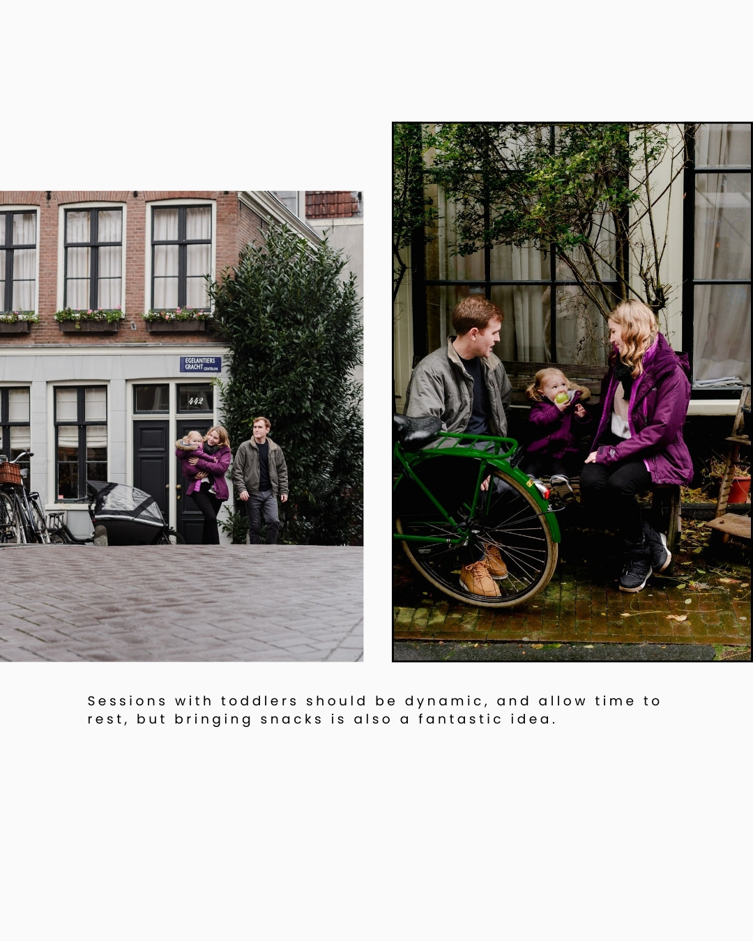 A family enjoys a relaxed moment during a toddler-friendly photo session in Jordaan, Amsterdam. Capturing natural interactions in the city's charming streets, this session highlights the importance of dynamic pacing and breaks for little ones.