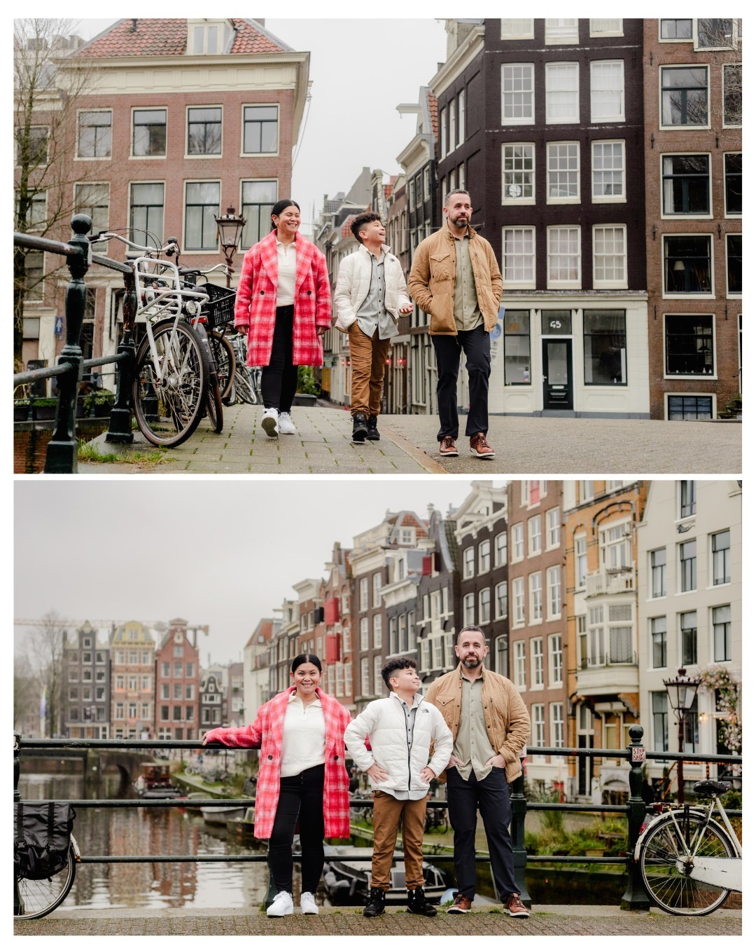 Walking along Amsterdam’s iconic bridges, a family enjoys a relaxed photo session with historic canal houses as the perfect backdrop. This moment highlights the beauty of capturing travel memories in the heart of the city.
