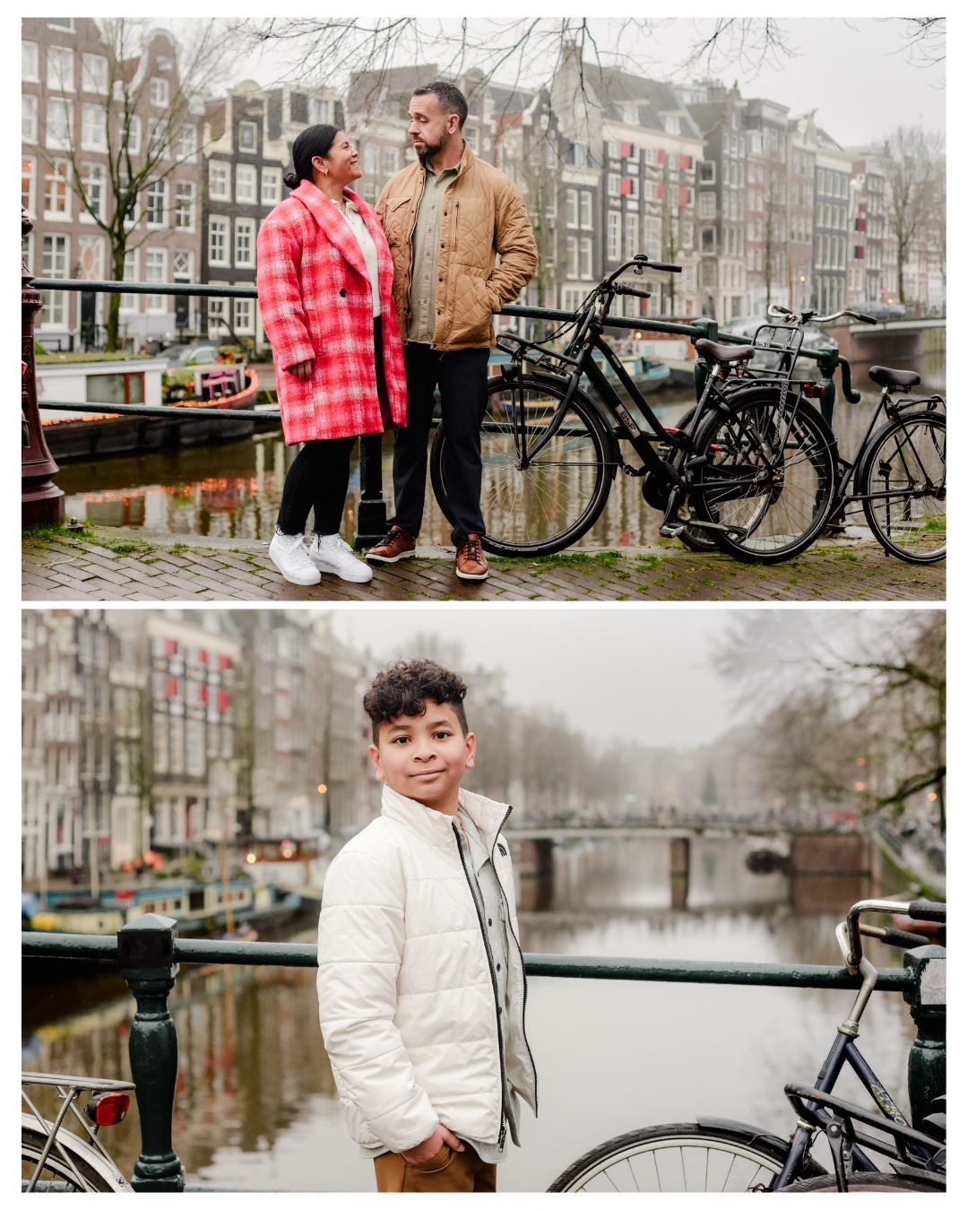 Candid moments along the canals of Amsterdam make for unforgettable memories. A couple shares a glance, while their child takes in the surroundings, showcasing the beauty of exploring the city as a family.