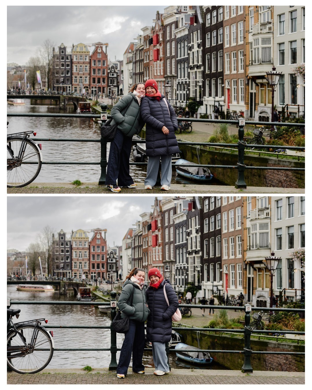 A mother and daughter share a warm moment on an Amsterdam canal bridge. Wrapped in cozy winter clothes, they smile against the backdrop of iconic canal houses, bicycles, and calm waters. A beautiful memory of love and connection in the city.
