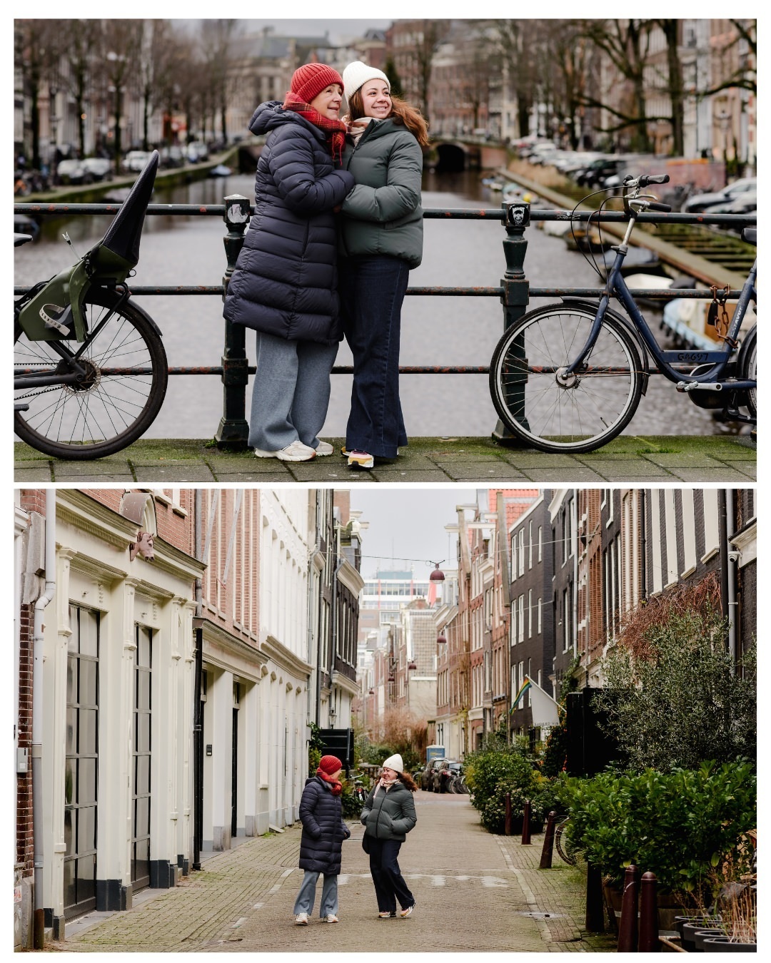 Pure Joy by the Water – A mother and daughter share a heartfelt laugh on a bridge, with a bicycle and a typical Amsterdam canal in the background, giving the perfect blend of city life and personal connection.