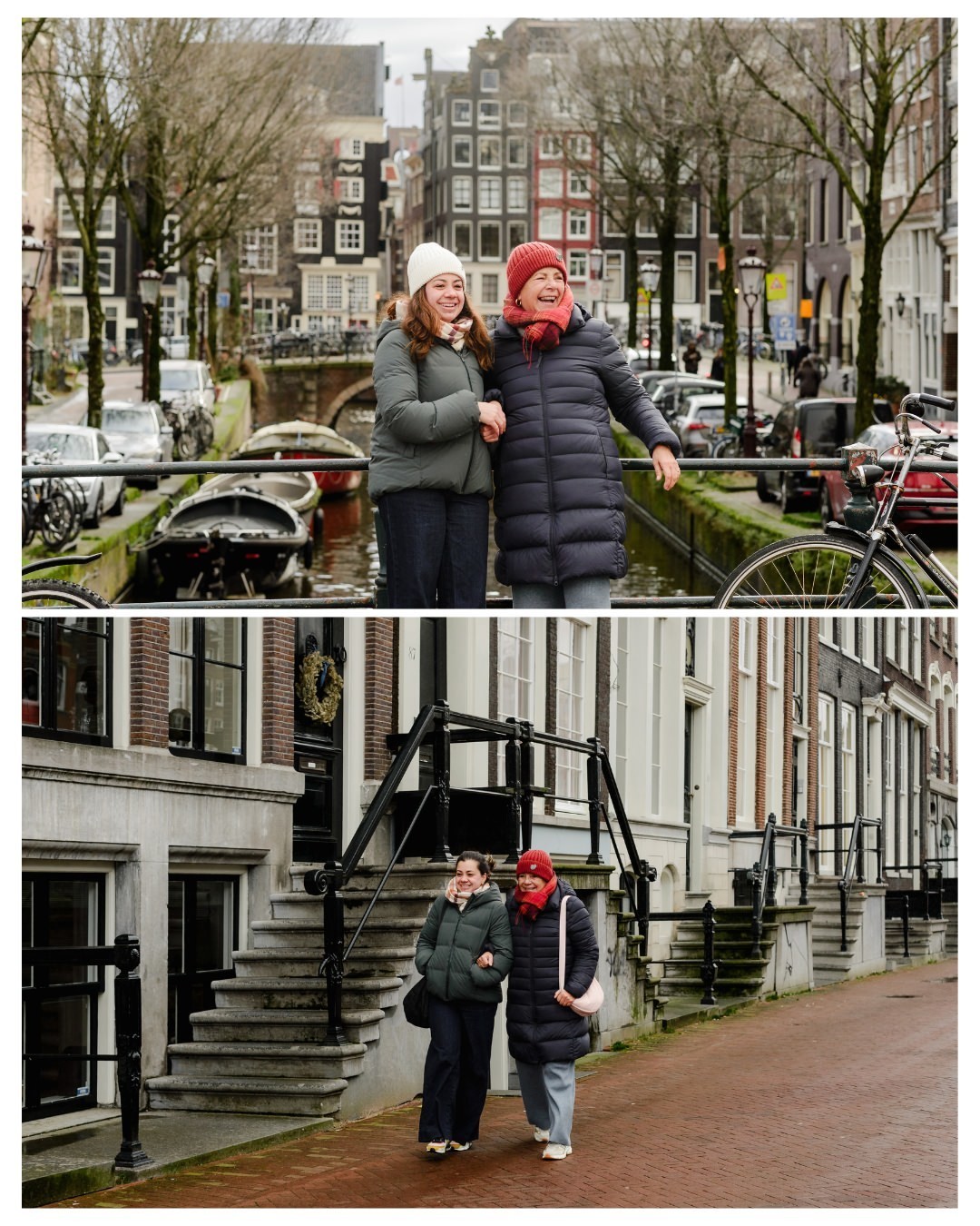 A Walk to Remember – The two women walk arm-in-arm along the cobbled streets of Amsterdam, with canal boats and bicycles dotting the scenery, a classic representation of the city’s charm.