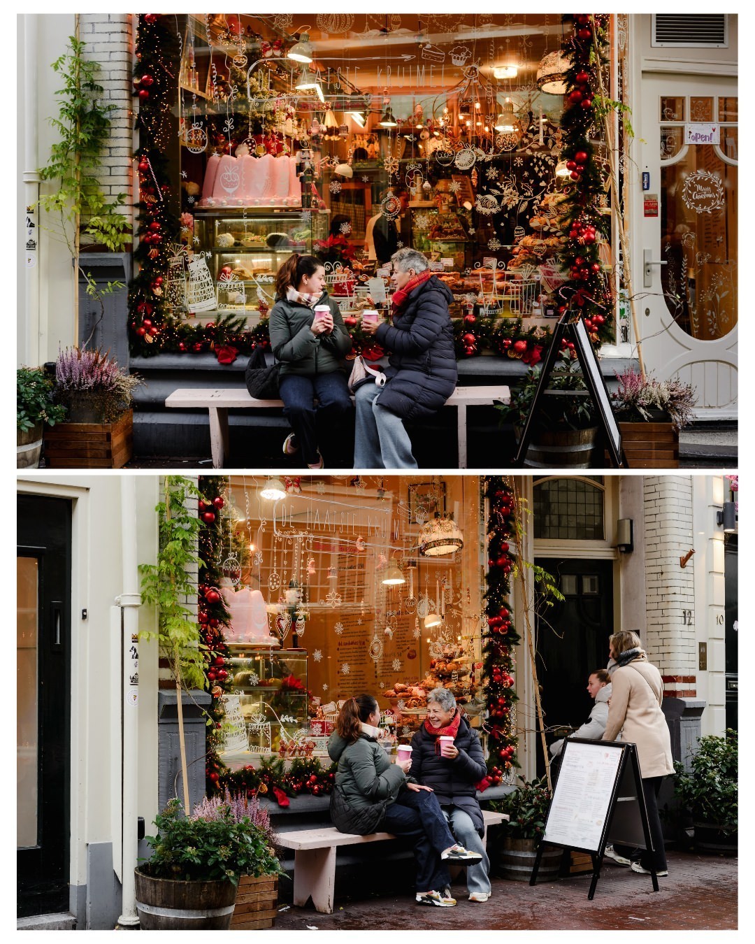 Cozy Café Moments – Sitting outside a beautifully decorated café, they enjoy a warm drink in the winter air. The festive decorations and the soft glow from the windows add a magical touch to this memory.