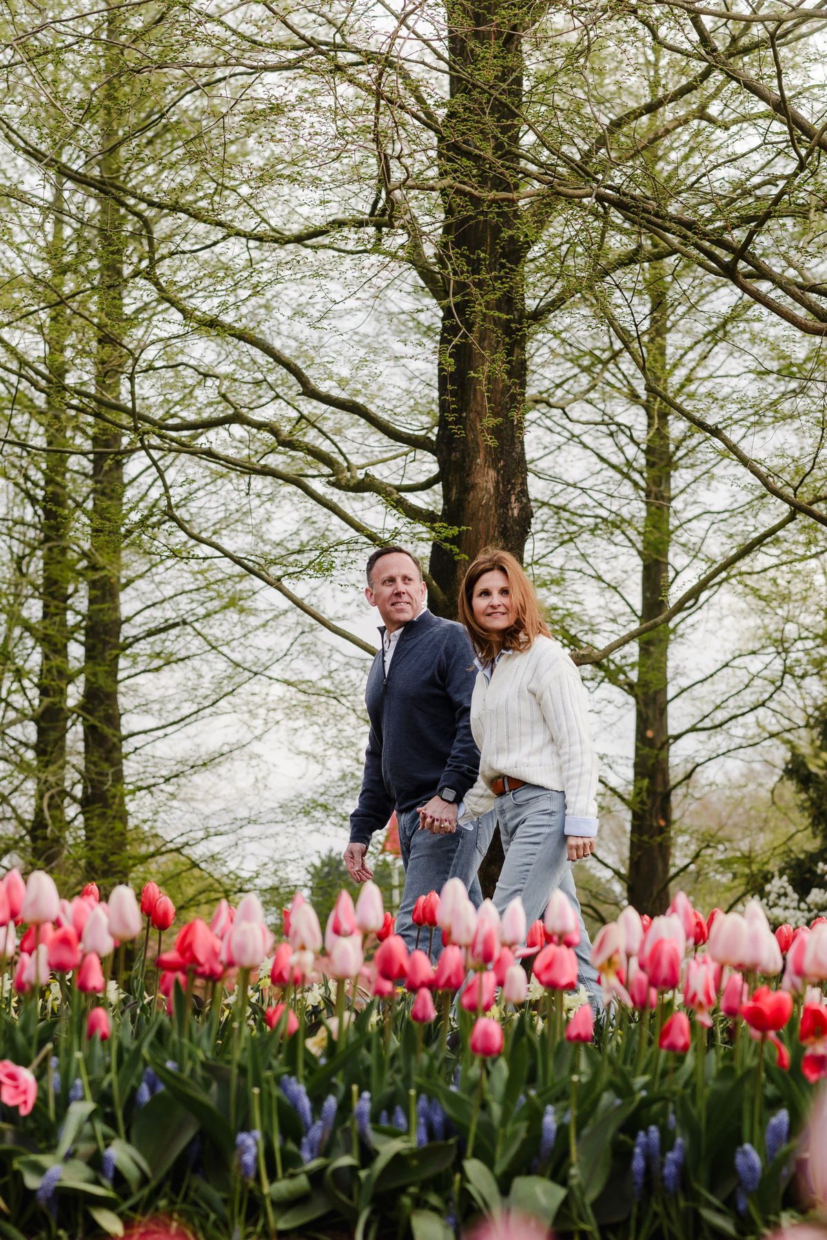 Walking among pastel tulips, the couple shares a quiet moment with a serene backdrop of tall trees and budding branches.