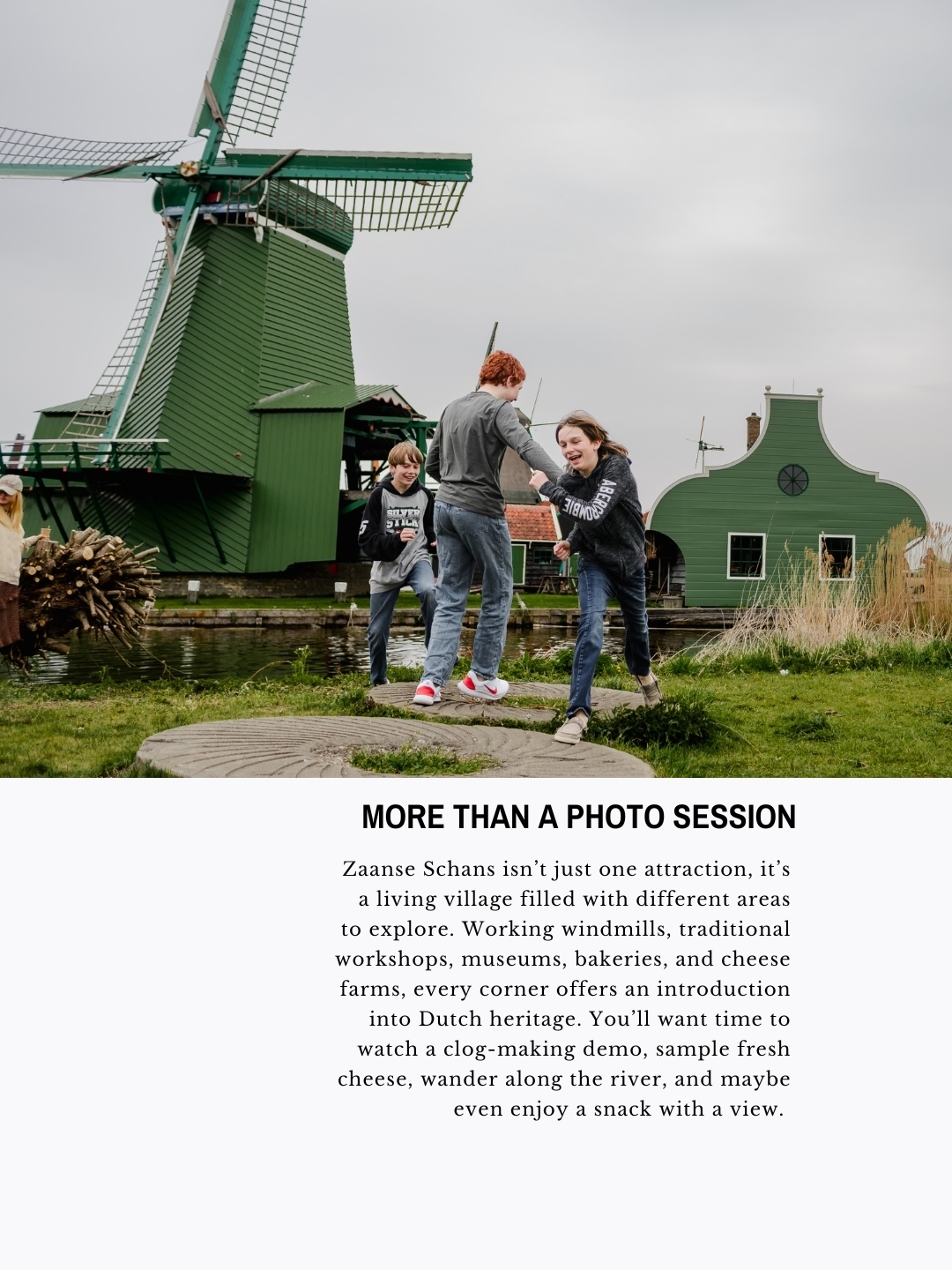 Children playing near a traditional windmill in Zaanse Schans, with text overlay explaining the village’s rich heritage and photo-worthy experiences.