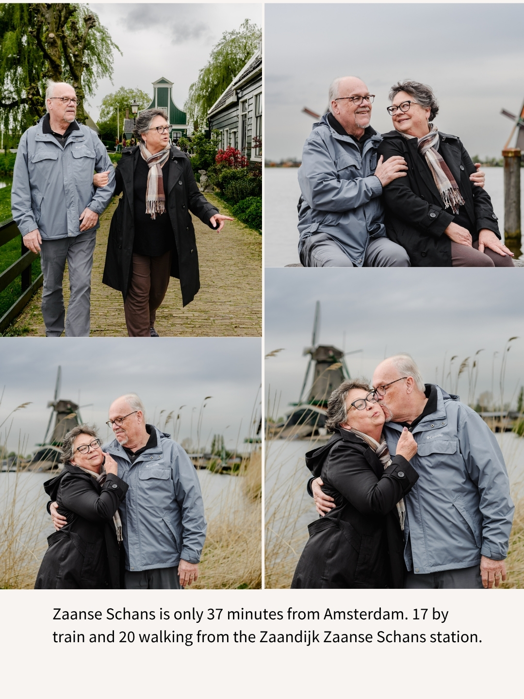 A senior couple enjoying a romantic walk and quiet moments together at Zaanse Schans, with scenic windmills and green cottages in the background.