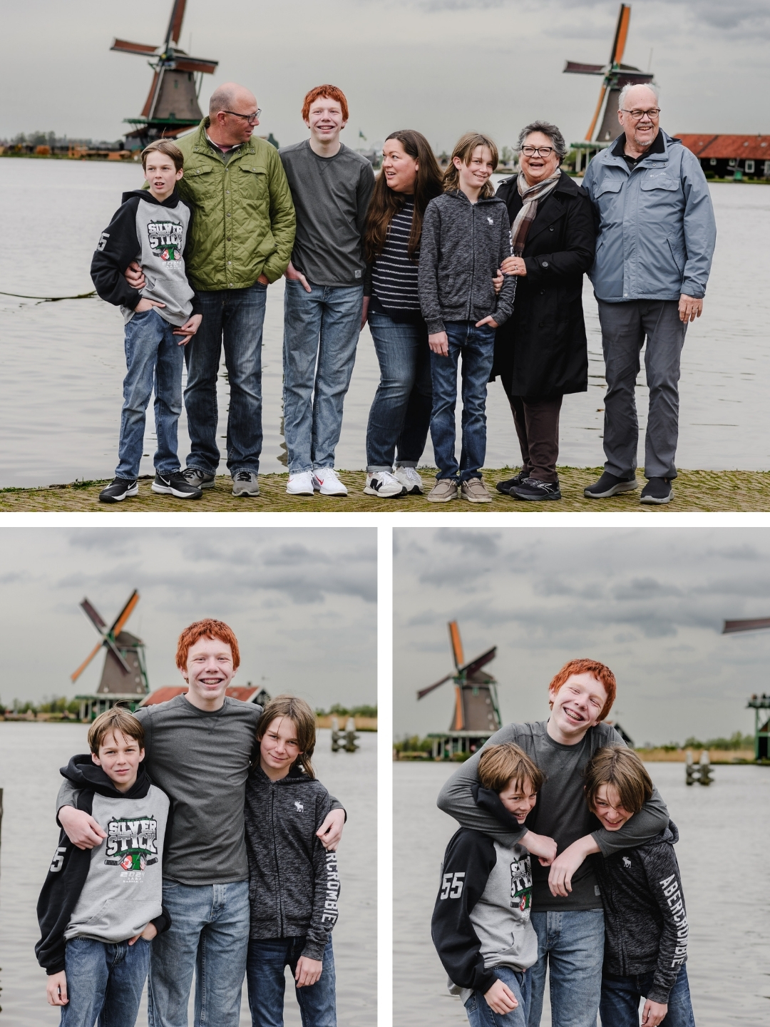 Family laughing and hugging by the riverside at Zaanse Schans, with windmills in the distance.

