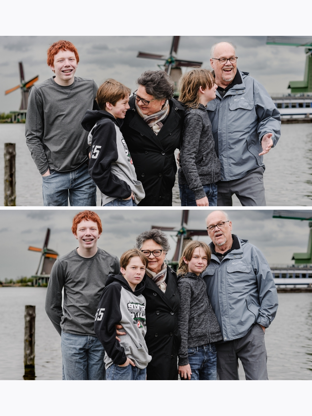 Grandparents sharing joyful moments with grandchildren in front of the iconic windmills of Zaanse Schans.